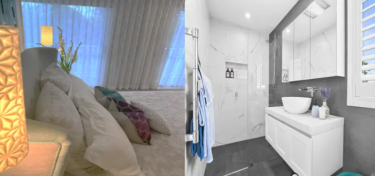 Baulkham Hills — finished main bedroom with sage bedhead and wainscoting